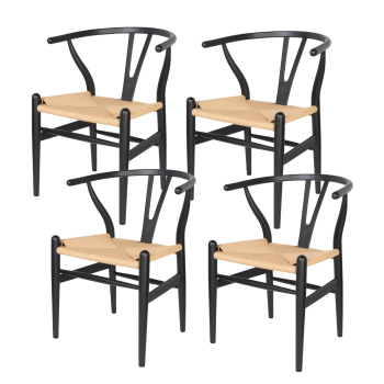 Pack 4 sillas de Madera Wishbone Asiento de cuerda LF9-01 - Negro/Natural